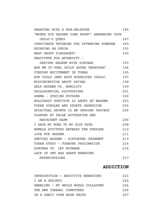 Table of Contents of Dear Rabbi, Dear Doctor