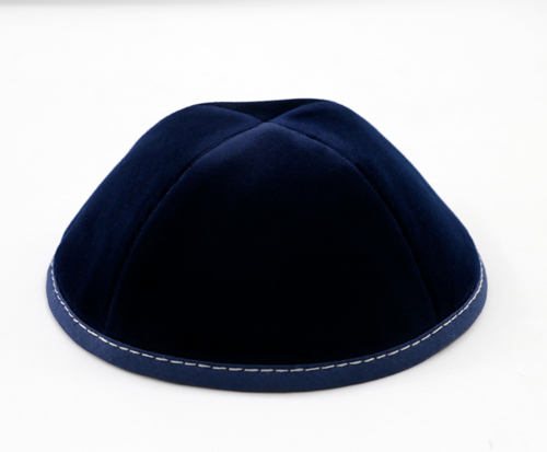 Custom Shoppe Navy Velvet Yarmulka Grey Stitching 