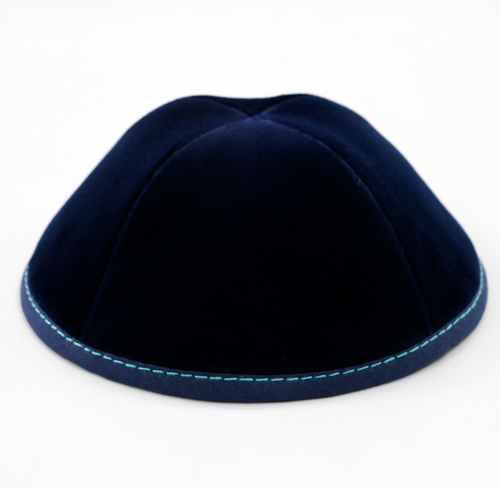 Custom Shoppe Navy Velvet Yarmulka Teal Stitching 